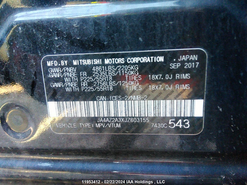 2018 Mitsubishi Outlander VIN: JA4AZ2A3XJZ603155 Lot: 11953412