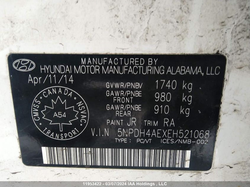 2014 Hyundai Elantra Se/Sport/Limited VIN: 5NPDH4AEXEH521068 Lot: 11953422