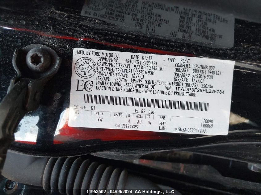 2017 Ford Focus Se VIN: 1FADP3F25HL226784 Lot: 11953502