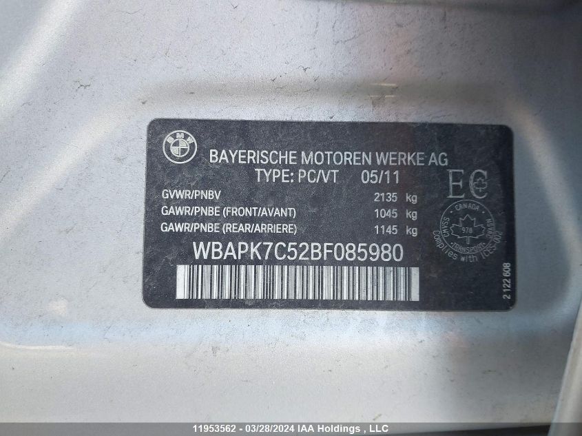 2011 BMW 3 Series VIN: WBAPK7C52BF085980 Lot: 39227589