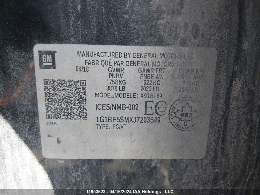 2018 Chevrolet Cruze Lt VIN: 1G1BE5SMXJ7203549 Lot: 11953623