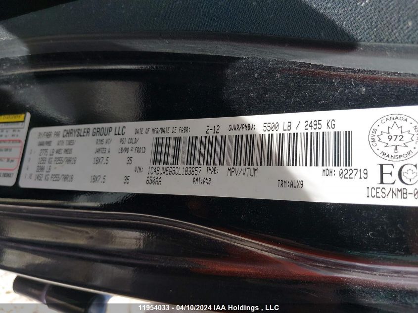 2012 Jeep Wrangler Unlimited Sahara VIN: 1C4BJWEG9CL183657 Lot: 39236960