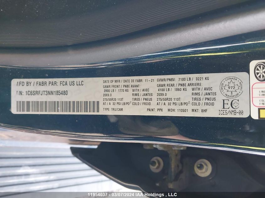 2022 Ram 1500 Laramie VIN: 1C6SRFJT3NN185480 Lot: 11954037