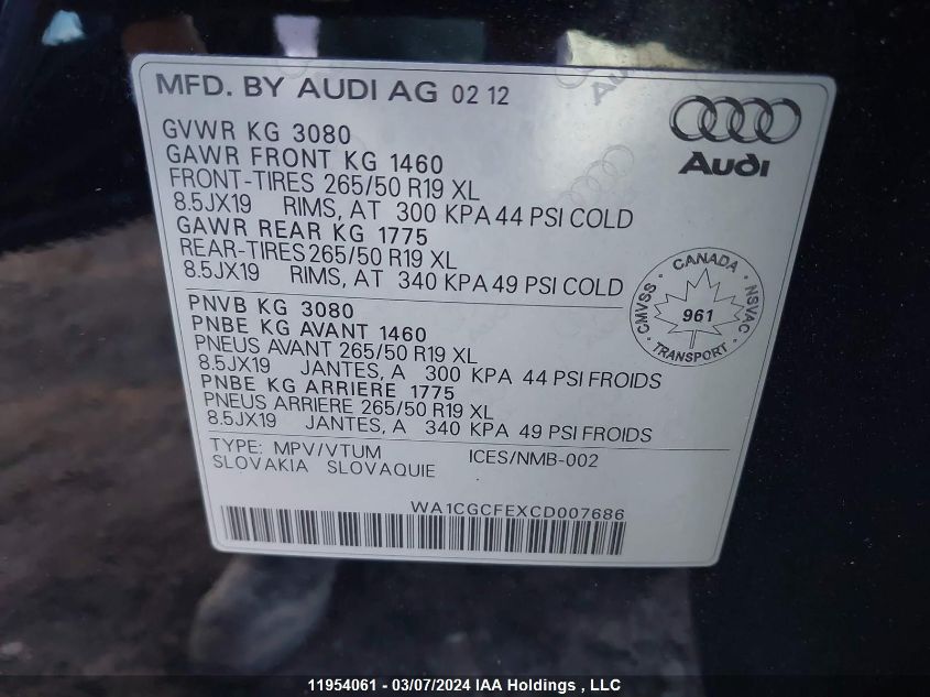 2012 Audi Q7 Premium VIN: WA1CGCFEXCD007686 Lot: 11954061