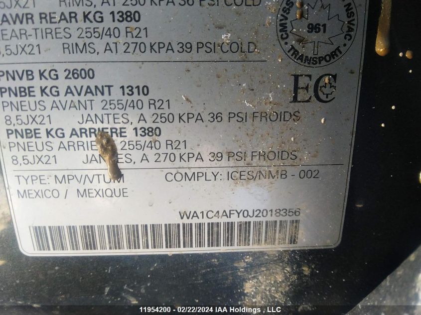 2018 Audi Sq5 VIN: WA1C4AFY0J2018356 Lot: 11954200