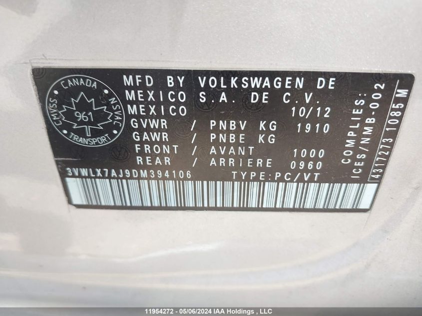 2013 Volkswagen Jetta Sel VIN: 3VWLX7AJ9DM394106 Lot: 11954272