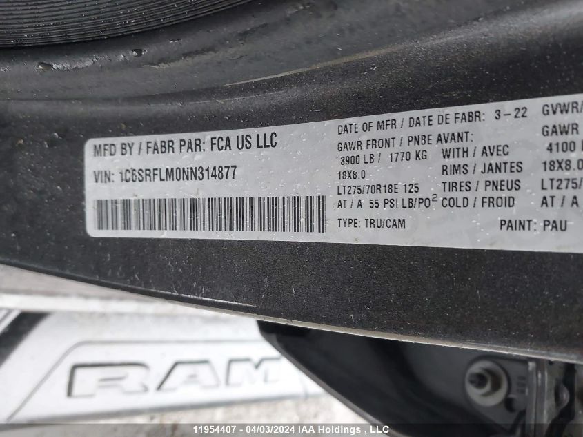 2022 Ram 1500 Rebel VIN: 1C6SRFLM0NN314877 Lot: 11954407