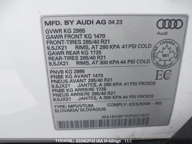 2023 Audi Q7 VIN: WA1BXBF75PD021847 Lot: 11954500