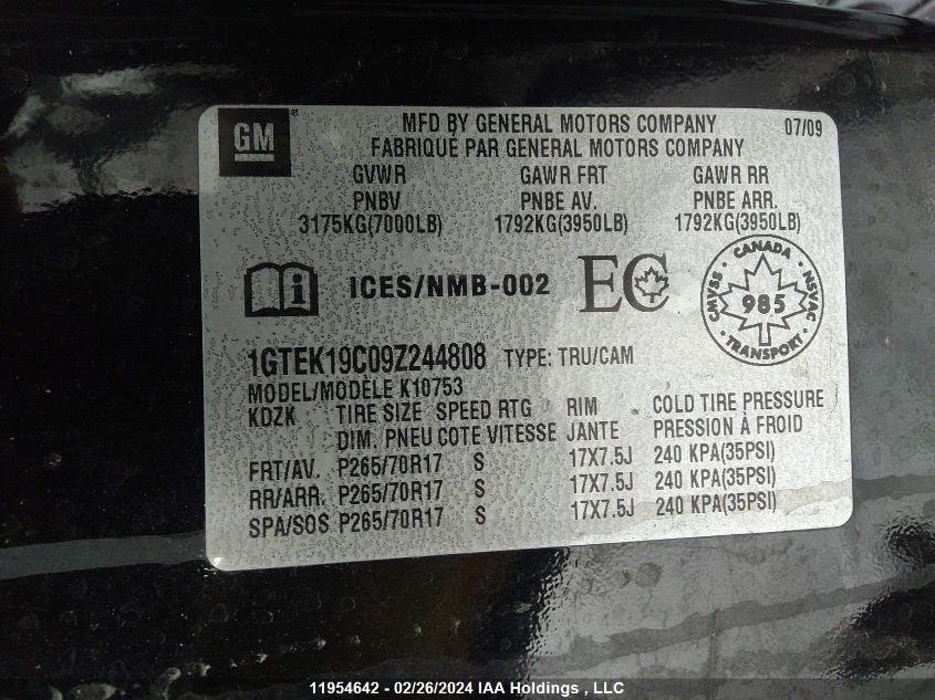 2009 GMC Sierra K1500 VIN: 1GTEK19C09Z244808 Lot: 11954642