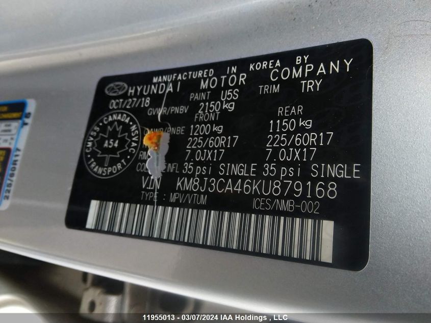 2019 Hyundai Tucson Preferred VIN: KM8J3CA46KU879168 Lot: 11955013