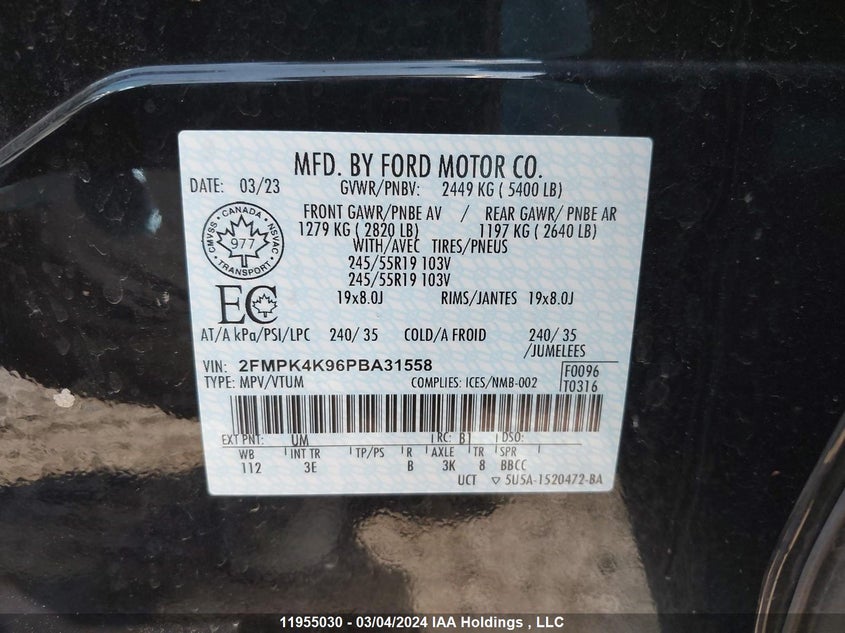 2023 Ford Edge Titanium VIN: 2FMPK4K96PBA31558 Lot: 11955030