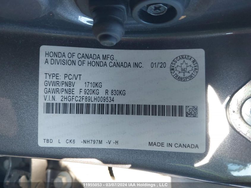 2020 Honda Civic Sport VIN: 2HGFC2F89LH009534 Lot: 11955053
