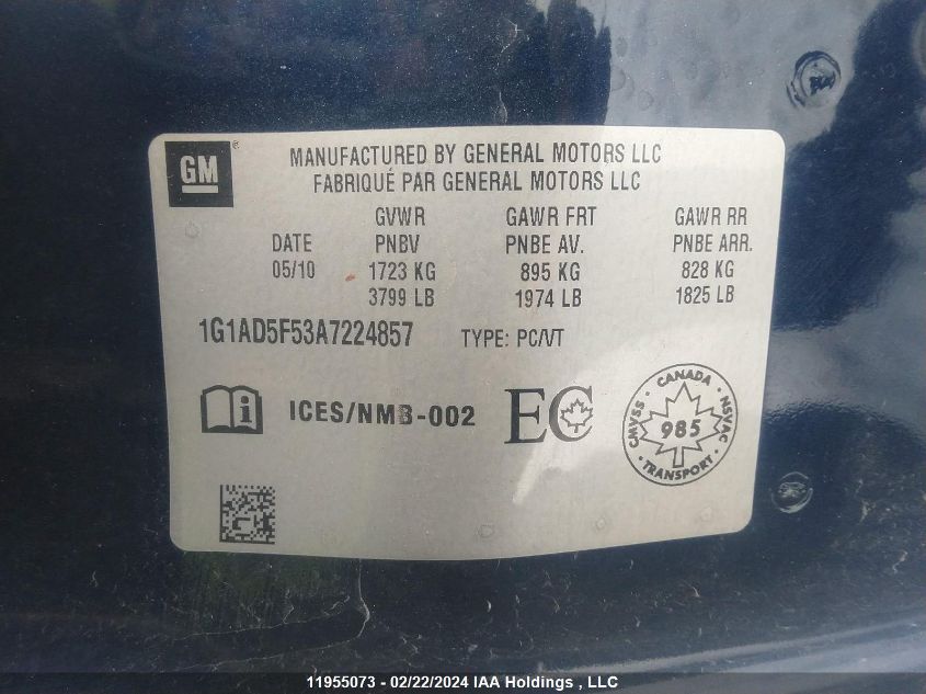 2010 Chevrolet Cobalt 1Lt VIN: 1G1AD5F53A7224857 Lot: 11955073