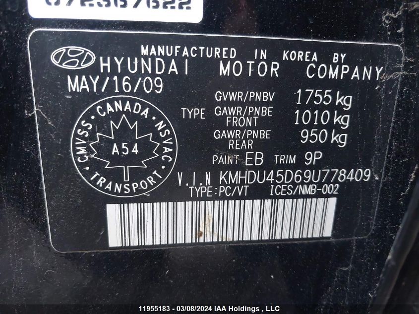 2009 Hyundai Elantra VIN: KMHDU45D69U778409 Lot: 11955183