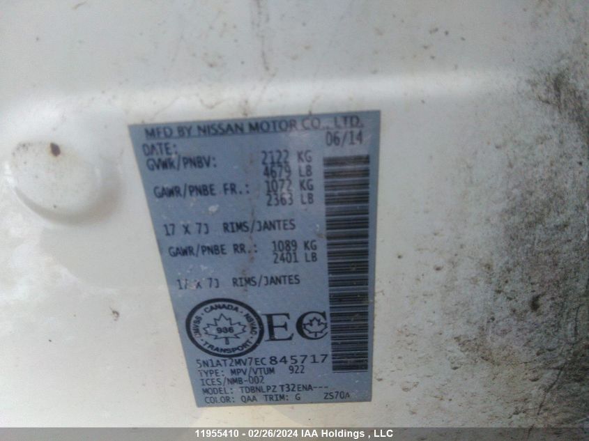 2014 Nissan Rogue VIN: 5N1AT2MV7EC845717 Lot: 11955410