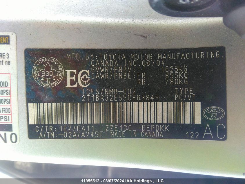 2005 Toyota Corolla Ce/Le/S VIN: 2T1BR32E55C863849 Lot: 39237889