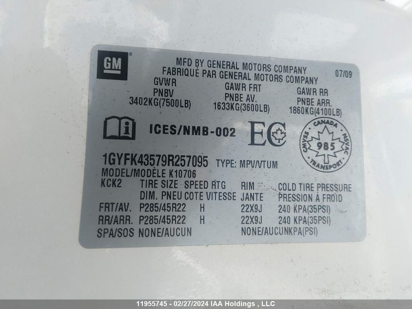 2009 Cadillac Escalade VIN: 1GYFK43579R257095 Lot: 11955745