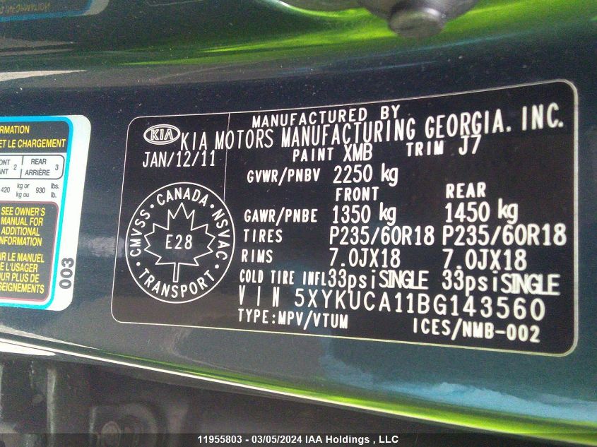 2011 Kia Sorento Ex VIN: 5XYKUCA11BG143560 Lot: 11955803