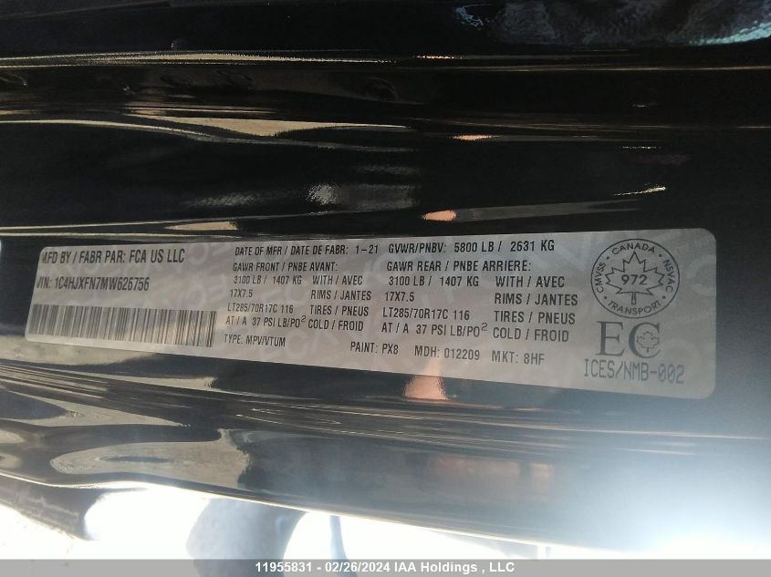 2021 Jeep Wrangler Unlimited Rubicon VIN: 1C4HJXFN7MW626756 Lot: 11955831