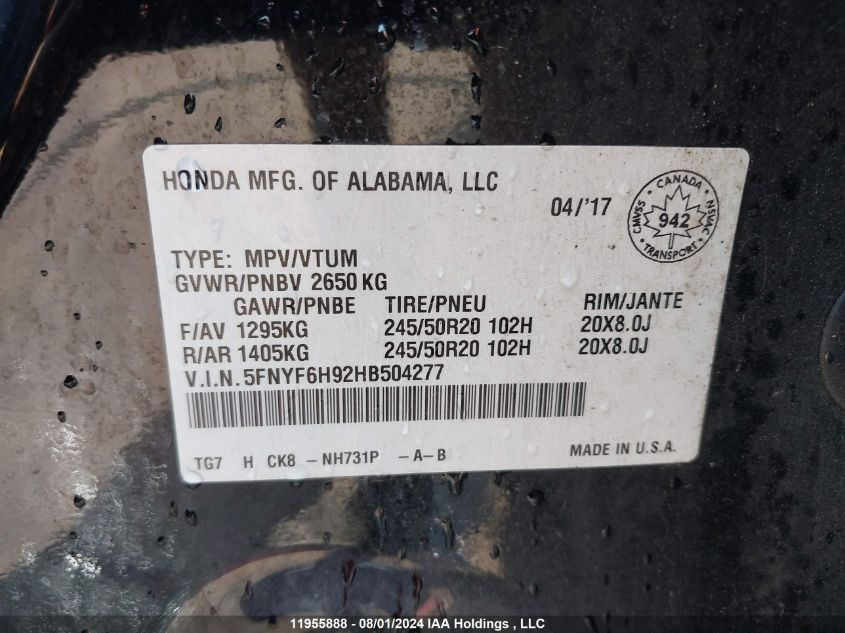 2017 Honda Pilot VIN: 5FNYF6H92HB504277 Lot: 11955888