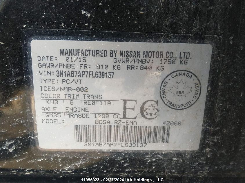 2015 Nissan Sentra VIN: 3N1AB7AP7FL639137 Lot: 11956023