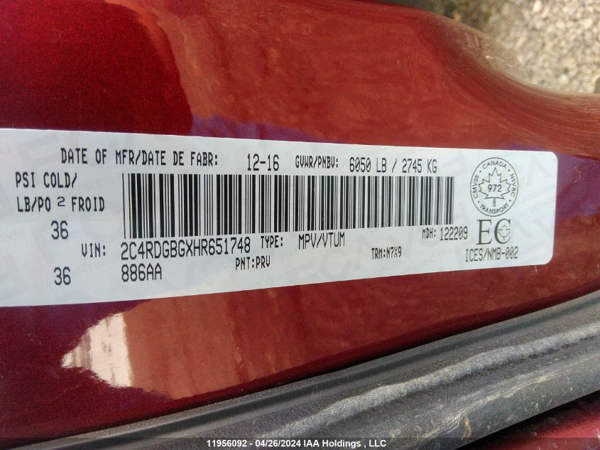 2017 Dodge Grand Caravan Cvp/Sxt VIN: 2C4RDGBGXHR651748 Lot: 11956092