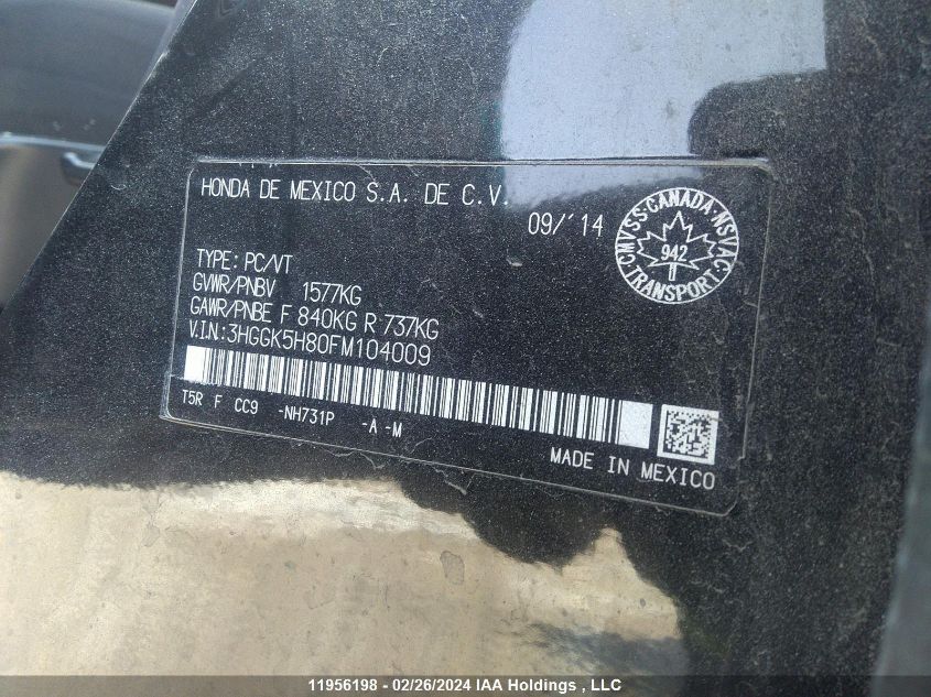 2015 Honda Fit Ex/Exl VIN: 3HGGK5H80FM104009 Lot: 11956198