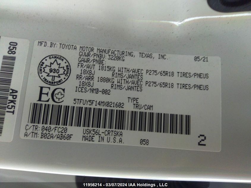 2021 Toyota Tundra VIN: 5TFUY5F14MX021602 Lot: 11956214