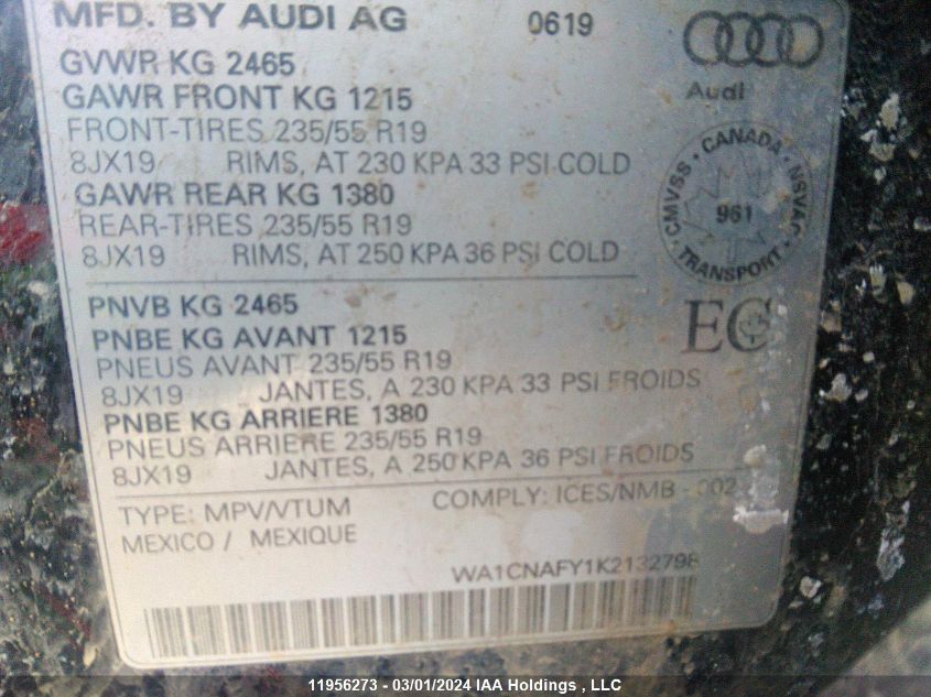 WA1CNAFY1K2132798 2019 Audi Q5