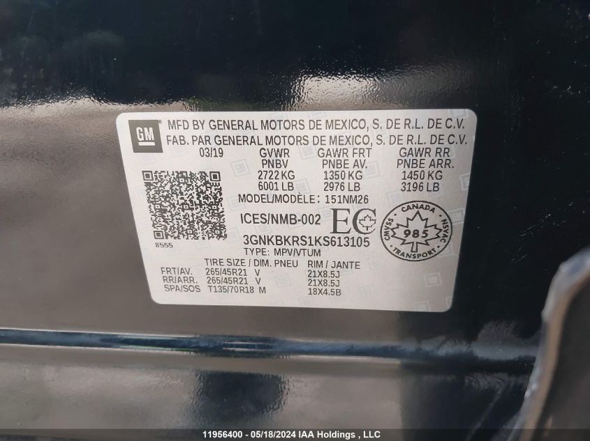 2019 Chevrolet Blazer Premier VIN: 3GNKBKRS1KS613105 Lot: 11956400