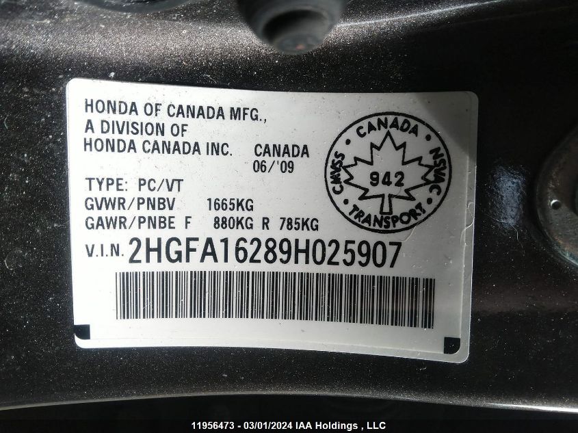 2HGFA16289H025907 2009 Honda Civic