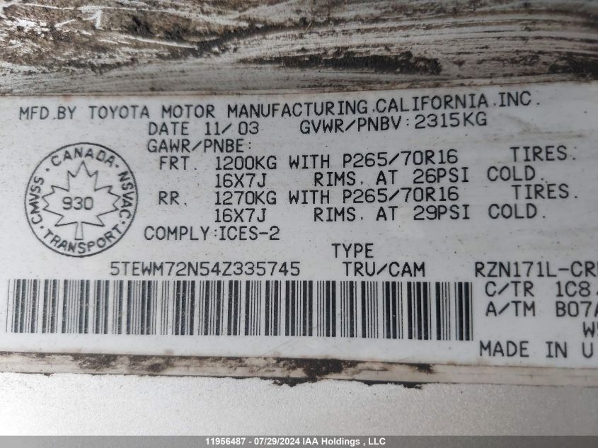 2004 Toyota Tacoma VIN: 5TEWM72N54Z335745 Lot: 11956487