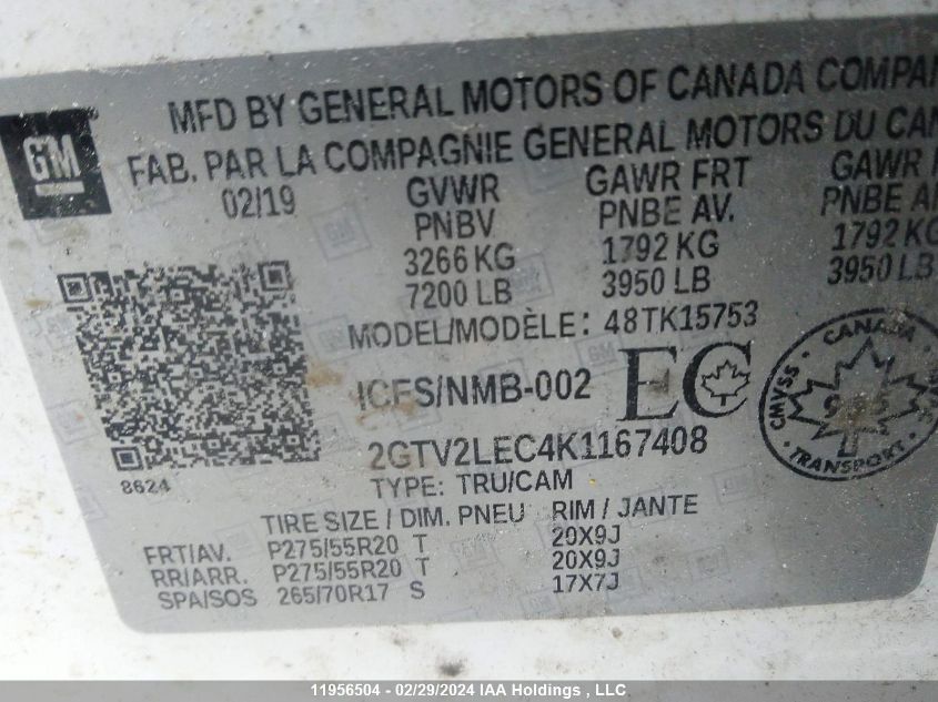 2019 GMC Sierra 1500 Limited VIN: 2GTV2LEC4K1167408 Lot: 11956504