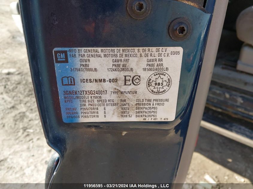 2005 Chevrolet Avalanche VIN: 3GNEK12TX5G240017 Lot: 11956595