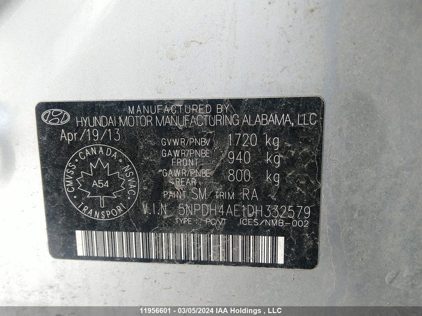 2013 Hyundai Elantra VIN: 5NPDH4AE1DH332579 Lot: 11956601