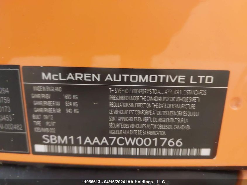 2012 Mclaren Mp4-12C VIN: SBM11AAA7CW001766 Lot: 11956613