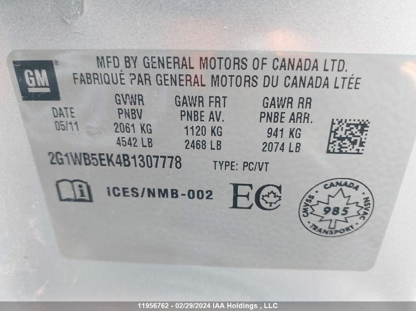 2011 Chevrolet Impala Lt VIN: 2G1WB5EK4B1307778 Lot: 11956762