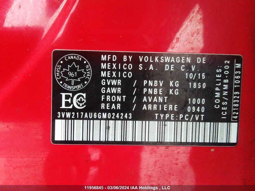 2016 Volkswagen Golf S/Se/Sel VIN: 3VW217AU6GM024243 Lot: 11956845