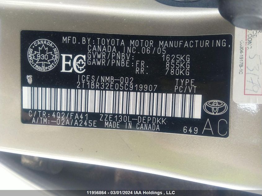 2005 Toyota Corolla VIN: 2T1BR32E05C919907 Lot: 11956864