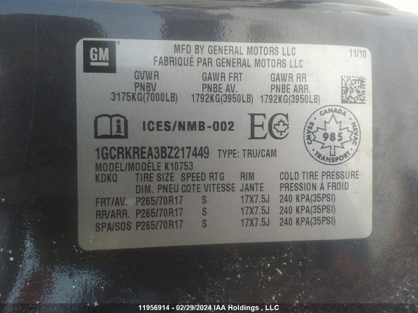 2011 Chevrolet Silverado K1500 Ls VIN: 1GCRKREA3BZ217449 Lot: 11956914