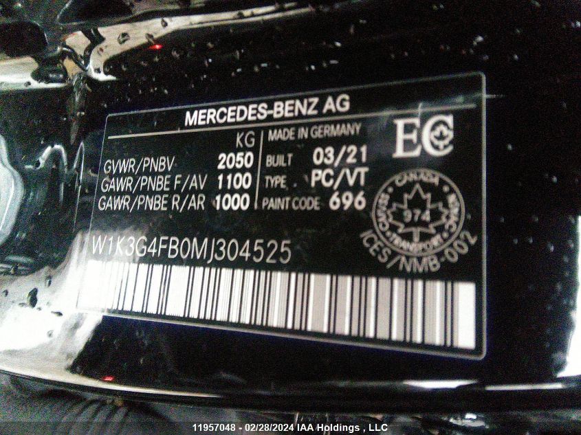 2021 Mercedes-Benz A 220 4Mtic VIN: W1K3G4FB0MJ304525 Lot: 11957048