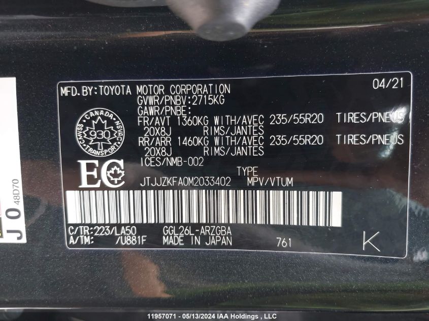 2021 Lexus Rx 350 L Luxury VIN: JTJJZKFA0M2033402 Lot: 11957071