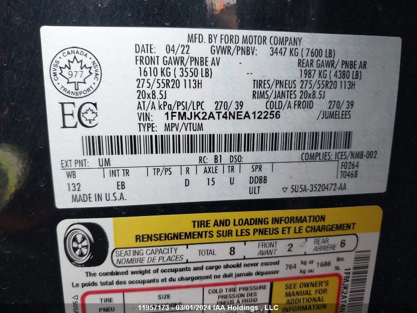 2022 Ford Expedition Max Limited VIN: 1FMJK2AT4NEA12256 Lot: 11957173