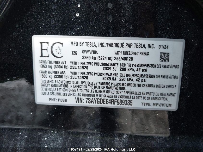 2024 Tesla Model Y VIN: 7SAYGDEE4RF989335 Lot: 11957191