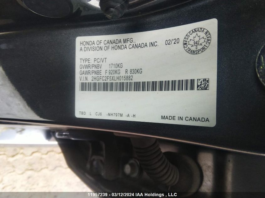 2020 Honda Civic Lx VIN: 2HGFC2F5XLH015882 Lot: 11957239