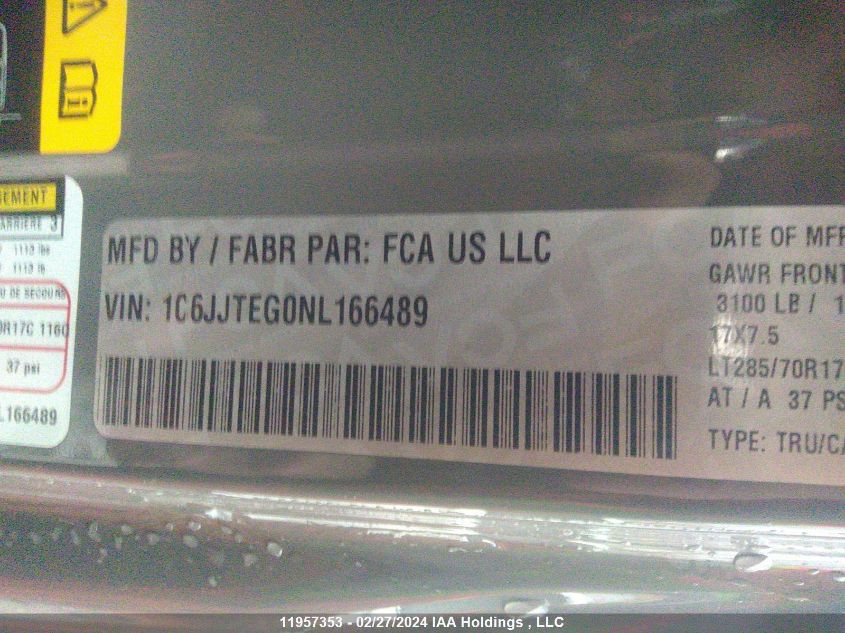 2022 Jeep Gladiator Mojave VIN: 1C6JJTEG0NL166489 Lot: 11957353