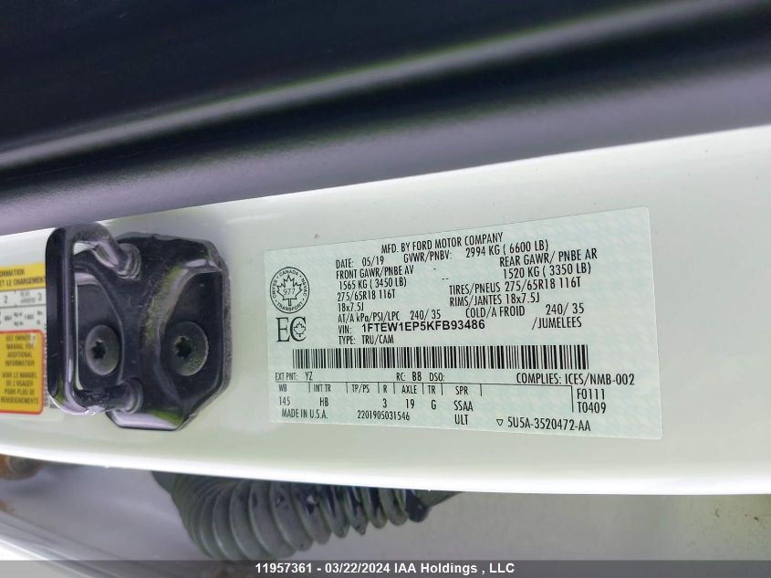 2019 Ford F150 VIN: 1FTEW1EP5KFB93486 Lot: 11957361
