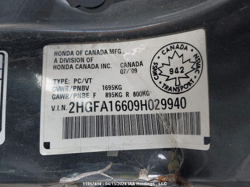 2009 Honda Civic Sdn VIN: 2HGFA16609H029940 Lot: 11957414