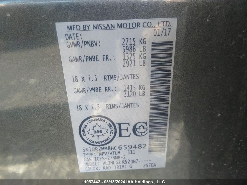 2017 Nissan Pathfinder VIN: 5N1DR2MM8HC659482 Lot: 11957442
