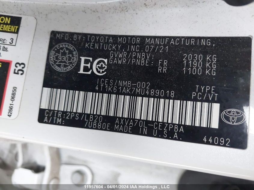 2021 Toyota Camry Xse VIN: 4T1K61AK7MU489018 Lot: 39240677